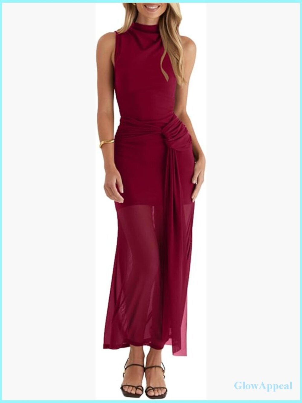 Elegant Sleeveless Mock Neck Bodycon Maxi Dress Ruched Sheer Hem
